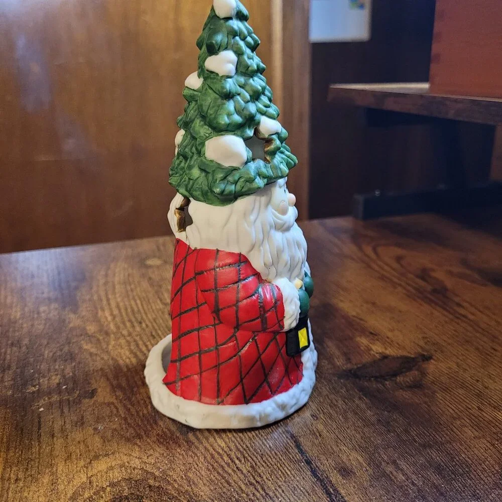 Joyful Christmas Wishes Red Glass & Santa Claus Tree Porcelain Candle Holder